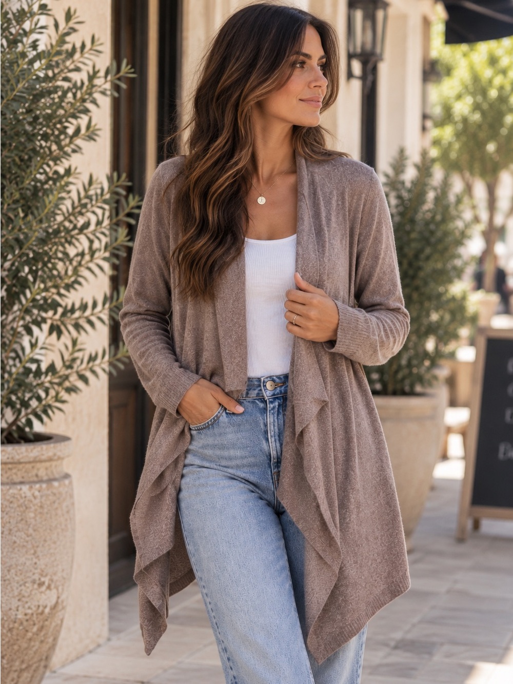 Barefoot Dreams CozyChic Lite Open Front Draped Cardigan  Taupe Brown S/M
